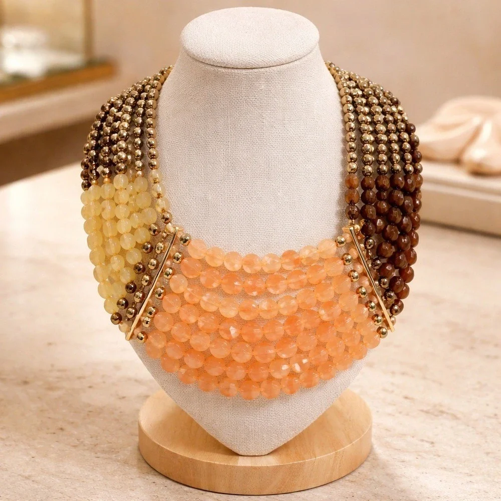 Statement‎ Multi-Strand Beaded Necklace Peach Cream Brown Bib Necklace Boho Glam